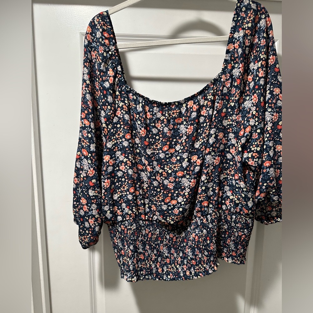 No Boundaries Navy Floral Smocked Waist Puff Sleeve Top